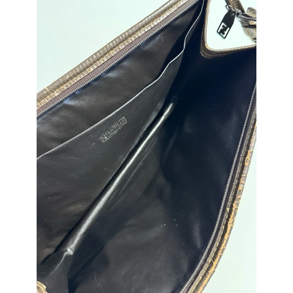Fendi Zucca FF Logo Monogram Brown Canvas w/ Leather Trim Large Pouch Clutch Bag